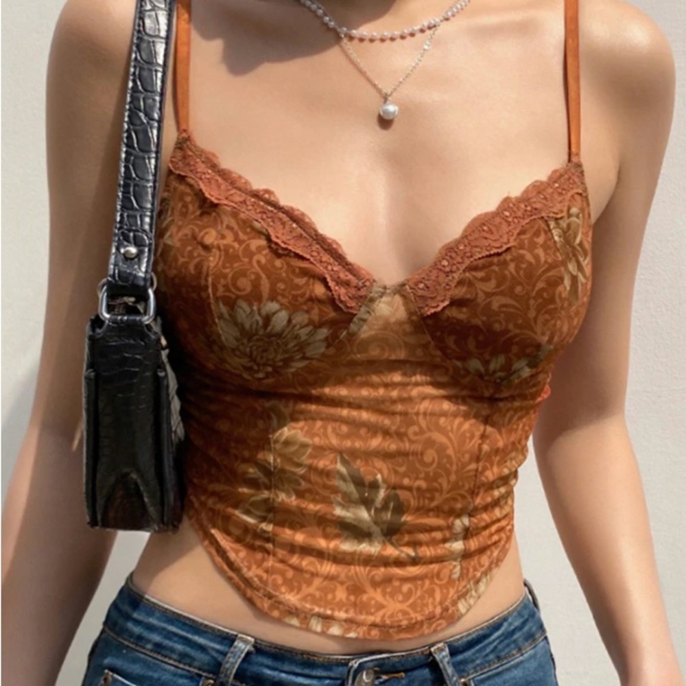Floral y2k Camis Crop Top Lace Frill Cute Corset Top Spaghetti Strap Top Women